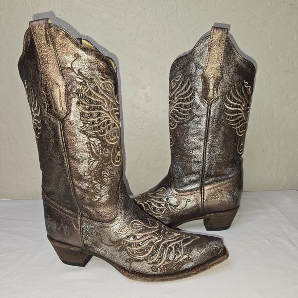 Corral Vintage Series Bronze Metallic Silver Grommet Leather Cowgirl Boots 8.5 - Picture 1 of 12
